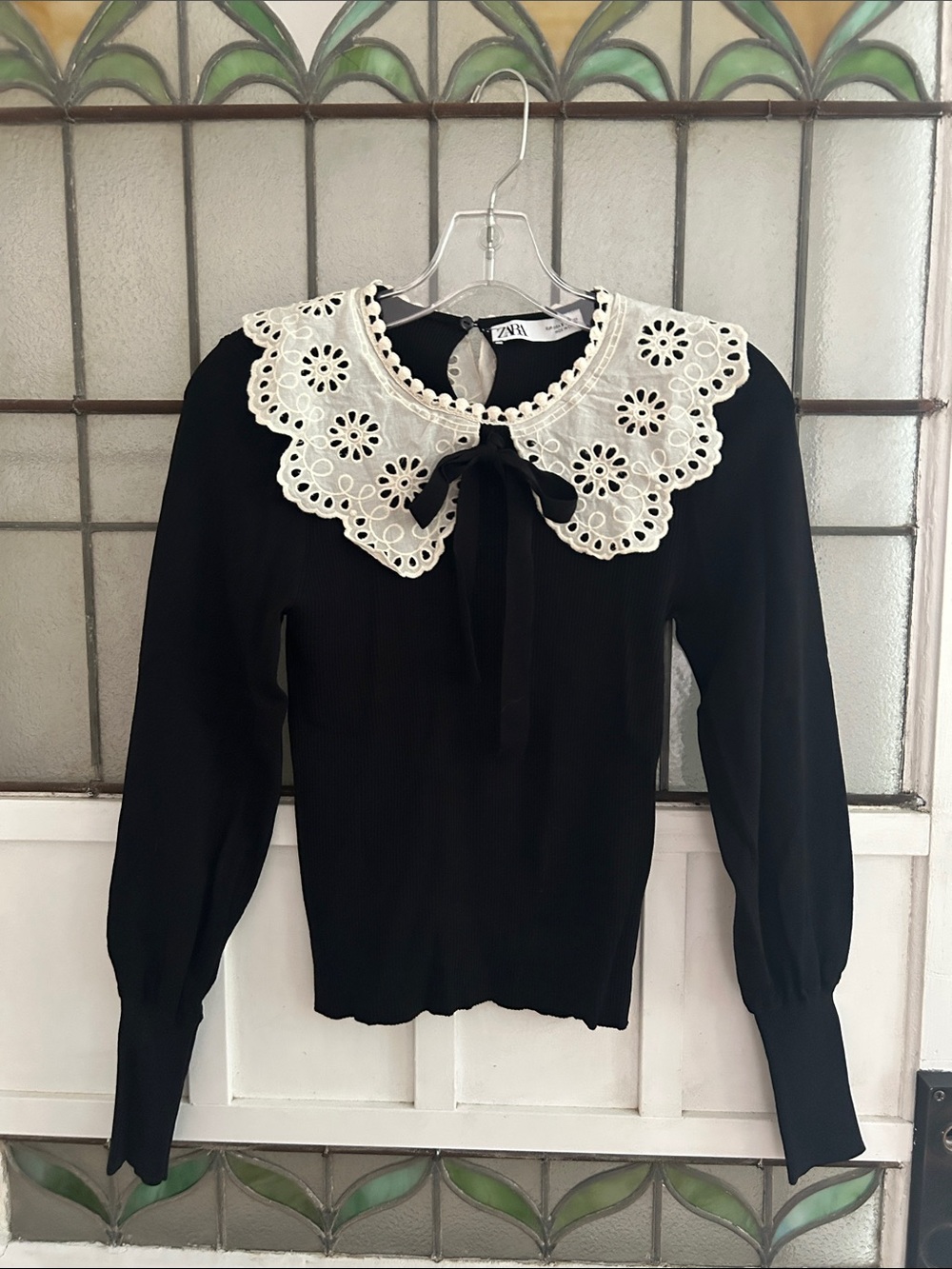 Zara Black Knit Top with Ivory Eyelet Peter Pan Collar and Tie
